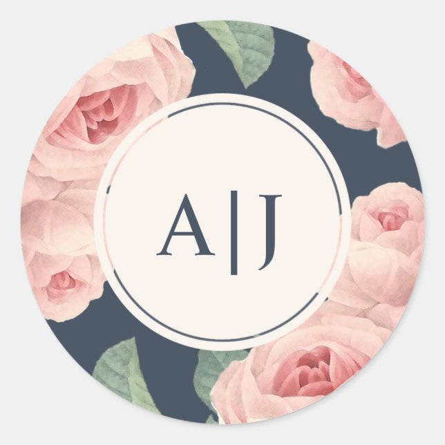 Vintag rosa Rose Dunkelblauer Monogramm Runder Aufkleber (Vorderseite)