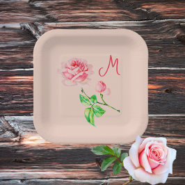 Vintag rosa Rose - mit Monogramm Pappteller