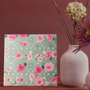 Vintag rosa Rosen auf goldfarbenem, Aquamarinem Da Fliese