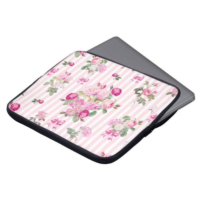 Vintag rosa Rosen Coquette Bow Streifen Laptopschutzhülle (Vorne Oben)
