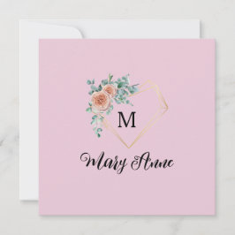 Vintag rosa Rosen Golden Heart Monogramm und Name Feiertagskarte