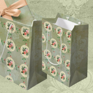 Vintag rosa Rosen Grün verschleierter Damast Mittlere Geschenktüte