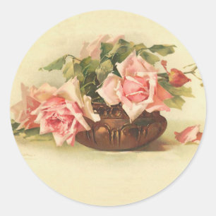 Vintag rosa Rosen in einer Schüssel Runder Aufkleber