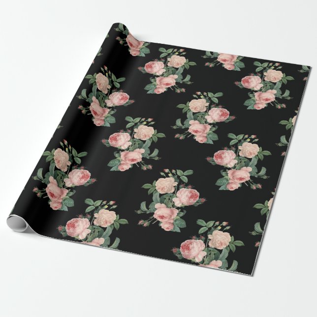 Vintag rosa Rosen in Schwarz Geschenkpapier (Ungerollt)