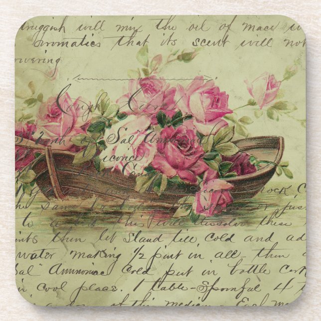 Vintag rosa Rosen und Boote Getränkeuntersetzer (Vorderseite)