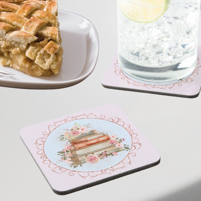 Vintag rosa Rosen und Bücher Getränkeuntersetzer (In situ)