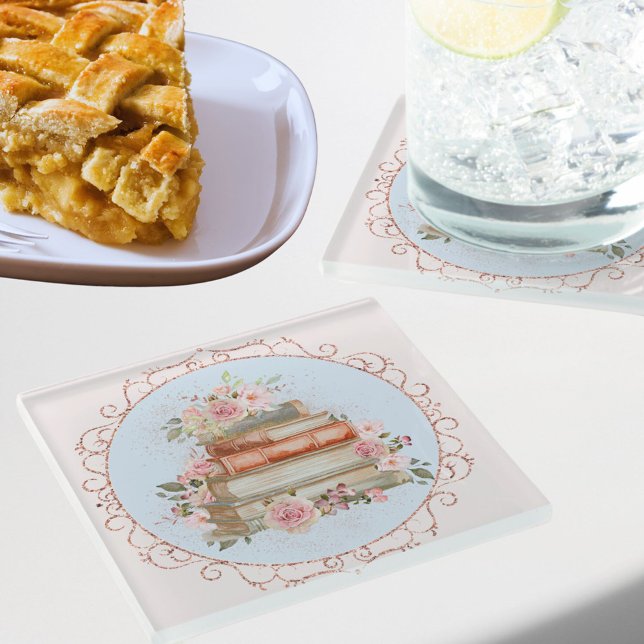 Vintag rosa Rosen und Bücher Glasuntersetzer (In situ)