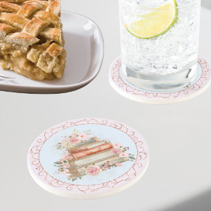 Vintag rosa Rosen und Bücher im Aquarell Blumensch Getränkeuntersetzer