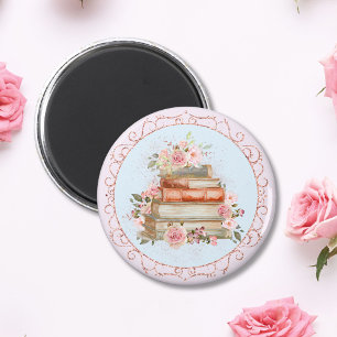 Vintag rosa Rosen und Bücher Magnet