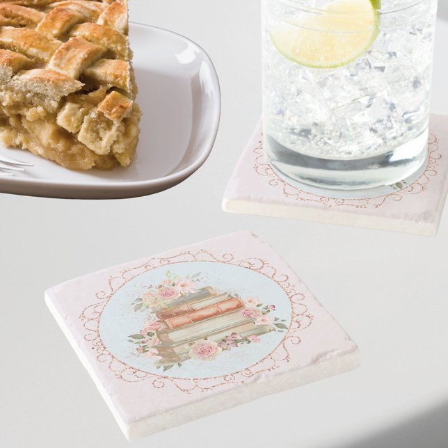 Vintag rosa Rosen und Bücher Steinuntersetzer (In situ)