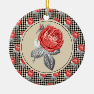 Vintag rosa Rosen und Hahnentrittmuster Keramikornament