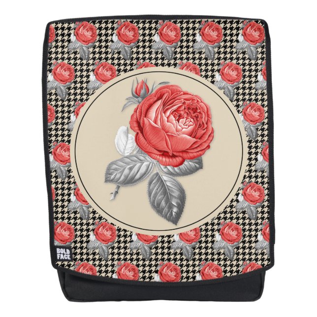 Vintag rosa Rosen und Hahnentrittmuster Rucksack (Vorderseite)