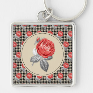 Vintag rosa Rosen und Hahnentrittmuster Schlüsselanhänger