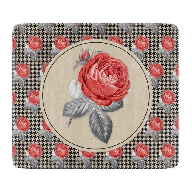 Vintag rosa Rosen und Hahnentrittmuster Schneidebrett (Vorderseite)