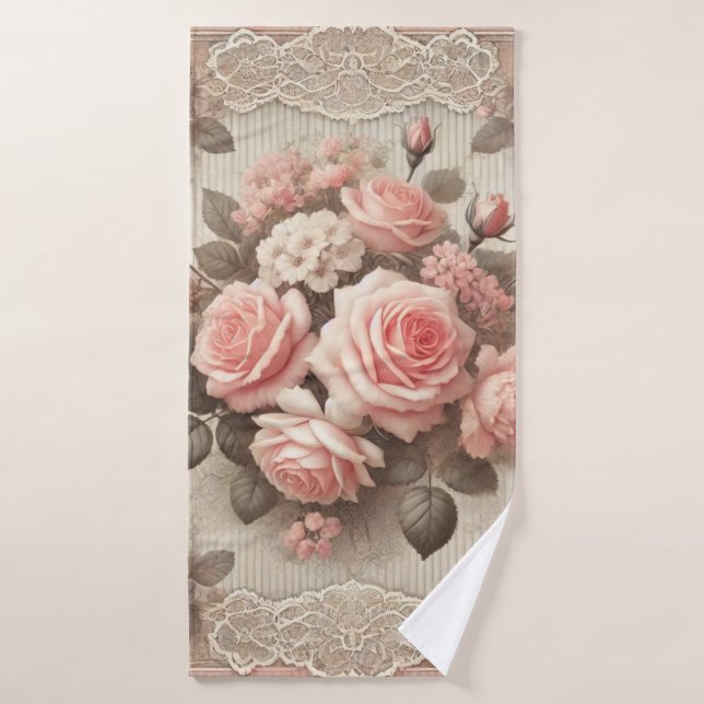 Vintag rosa Rosenblüte an der Spitze Badhandtuch Set (Badehandtuch)