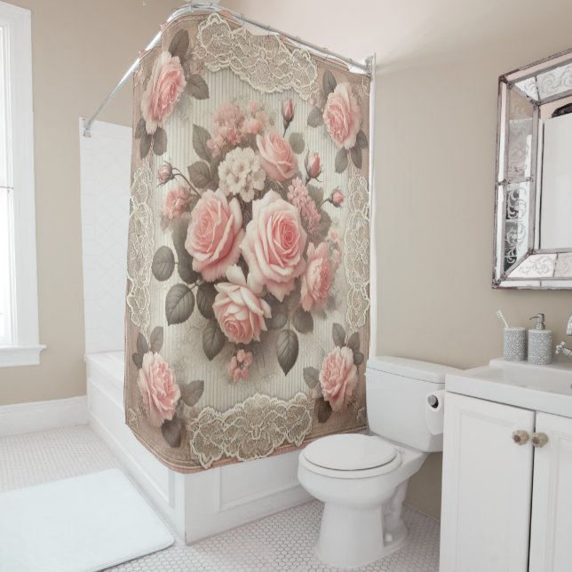 Vintag rosa Rosenblüte an der Spitze Duschvorhang (Beispiel)