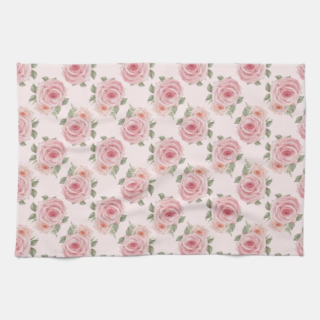 Vintag rosa Rosengarten Hütte Blumenmuster Geschirrtuch (Horizontal)