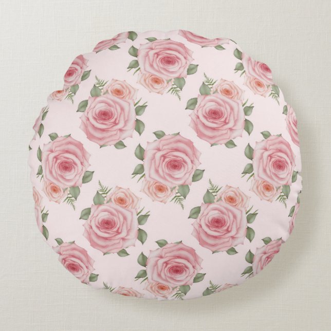 Vintag rosa Rosengarten Hütte Blumenmuster Rundes Kissen (Vorderseite)