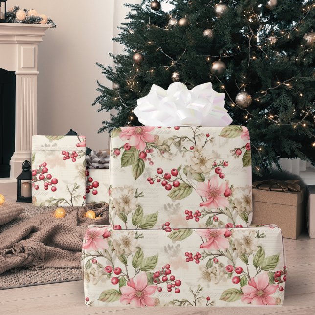 Vintag rosa, rot und grün geschenkpapier (Vintage Pink, Red And Green Floral Wrapping Paper)