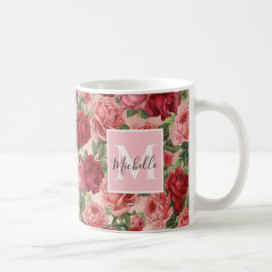 Vintag rosa Rote Rosen Floral Monogrammatikalisch Kaffeetasse