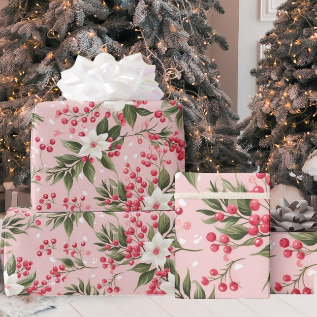 Vintag rosafarbene Blume mit Beren Geschenkpapier (Vintage Pink Floral With Berries Wrapping Paper
)