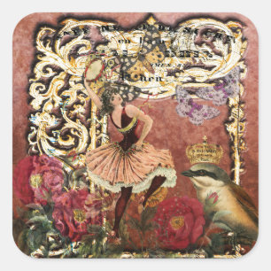 Vintag Rose Sinti und Roma Dancer French Collage Quadratischer Aufkleber