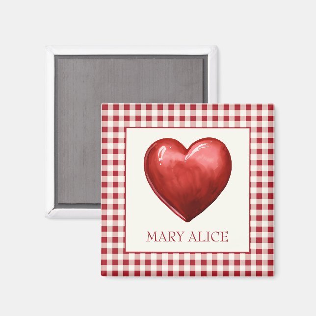 Vintag Rot und Cream Gingham mit Herz Magnet (Vorderseite/Rückseite)