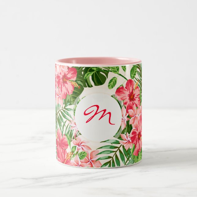 Vintag-Roter Hibiskus-Muster Monogramm-Tasse Zweifarbige Tasse (Mittel)