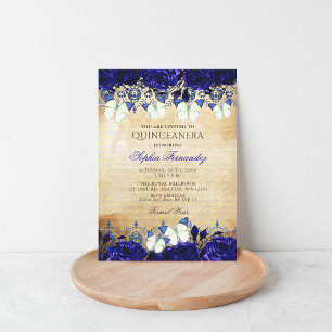 Vintag Royal Blue Floral Butterfly Quinceañera Einladung