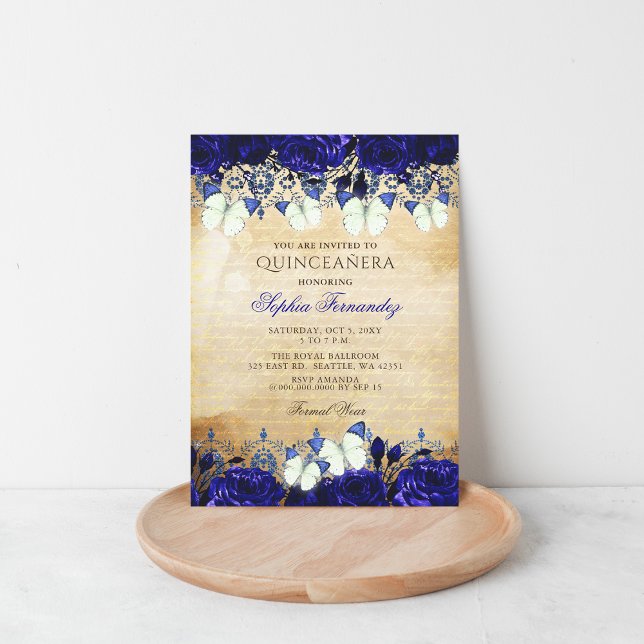 Vintag Royal Blue Floral Butterfly Quinceañera Einladung (Vintage Royal Blue Floral Butterfly Quinceañera Invitation)