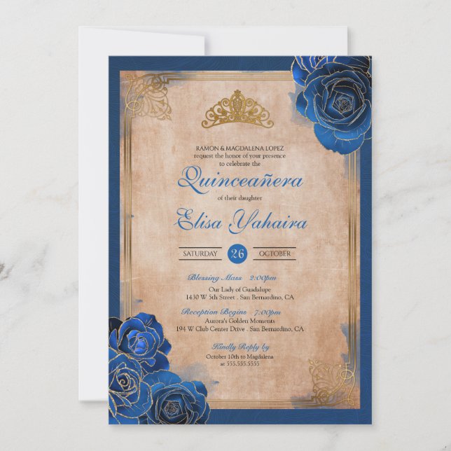 Vintag Royal Blue Gold Rose Royal Quinceanera Einladung (Vorderseite)