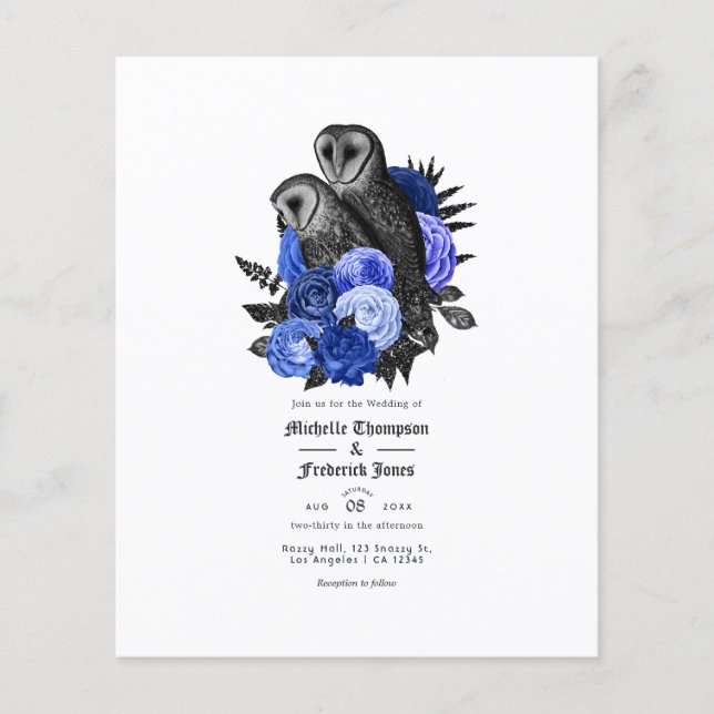 Vintag Royal Blue Owls Gothic Wedding Einladung Flyer (Vorne)