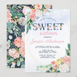 Vintag Royal Blue Pink Floral Sweet 16 Geburtstag Einladung