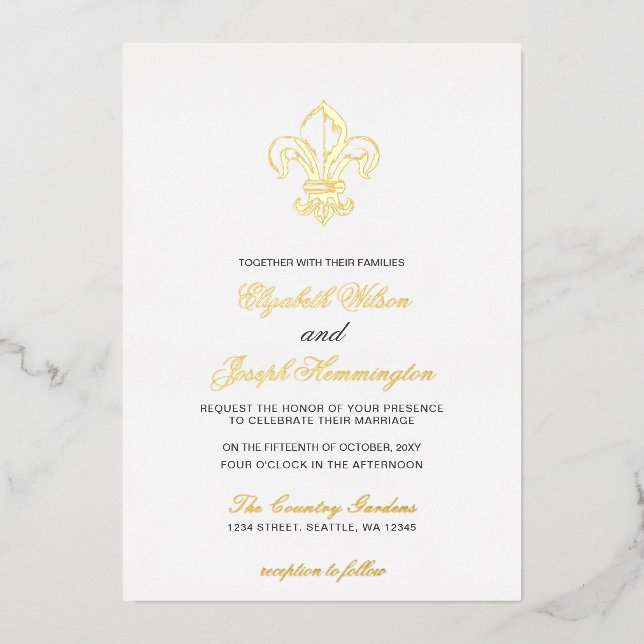 Vintag Royal Gold French Lilie Wedding Folieneinladung (Vorderseite)