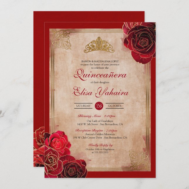 Vintag Ruby Red & Gold Rose Royal Quinceanera Einladung (Vorne/Hinten)