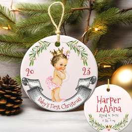 Vintag Ruffle Baby Girl First Christmas Red Pink Keramik Ornament