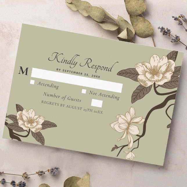 Vintag Rustic Magnolia Sage Green Wedding RSVP Begleitkarte (Von Creator hochgeladen)