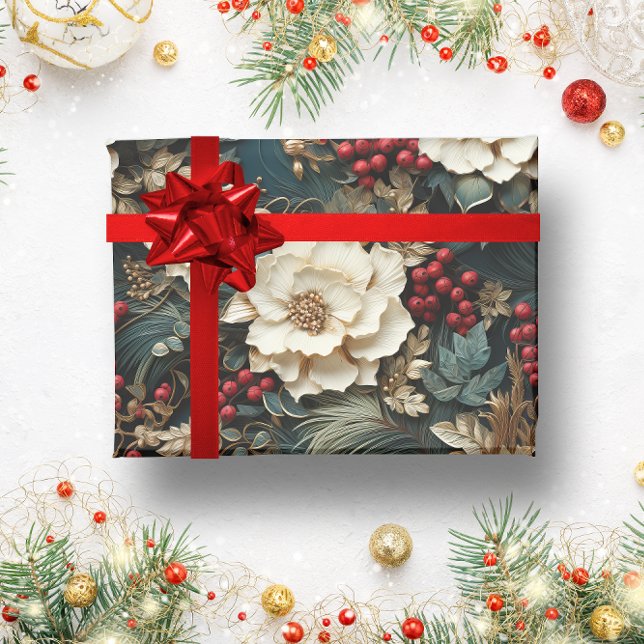 Vintag Rustikale Winterroter Beeren Blütenweihnach Geschenkpapier (vintage floral christmas wrapping paper)