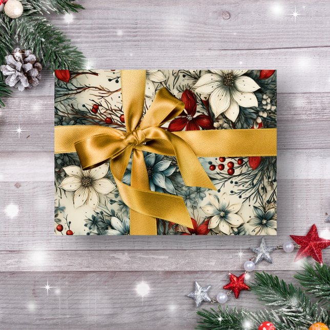 Vintag Rustikale Winterroter Weihnachtsfest Geschenkpapier (ELEGANT RED AND WHITE FLORAL CHRISTMAS WRAPPING PAPER )