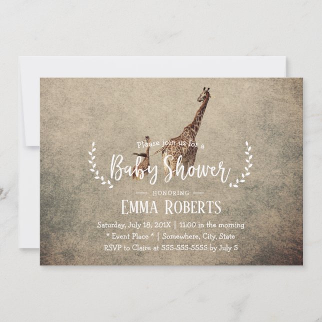 Vintag Safari Giraffe Babydusche Einladung (Vorderseite)