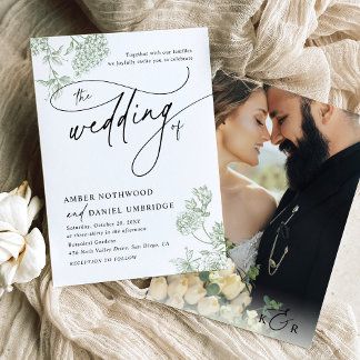 Vintag Sage Green Floral Minimalistisch Foto Hochz Einladung