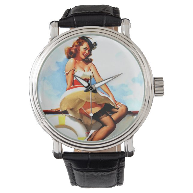 Vintag Sailor Nautical Button Up Girl Armbanduhr (Vorderseite)