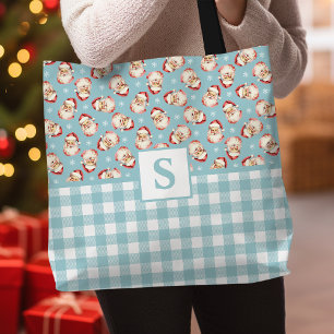 Vintag Santa Blue Gingham Mit Monogramm Weihnachte