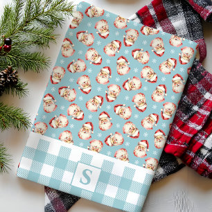 Vintag Santa Blue Gingham Mit Monogramm Weihnachte Geschirrtuch