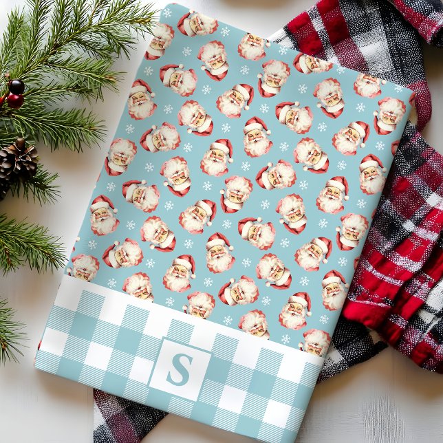 Vintag Santa Blue Gingham Mit Monogramm Weihnachte Geschirrtuch (Von Creator hochgeladen)