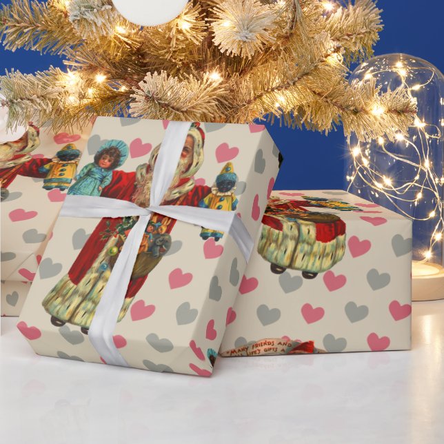 Vintag Santa Doll Nostalgia Hearts Geschenkpapier (Feiertage)