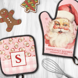 Vintag Santa Face Pink Gingham Mit Monogramm Ofenhandschuh & Topflappen-Set