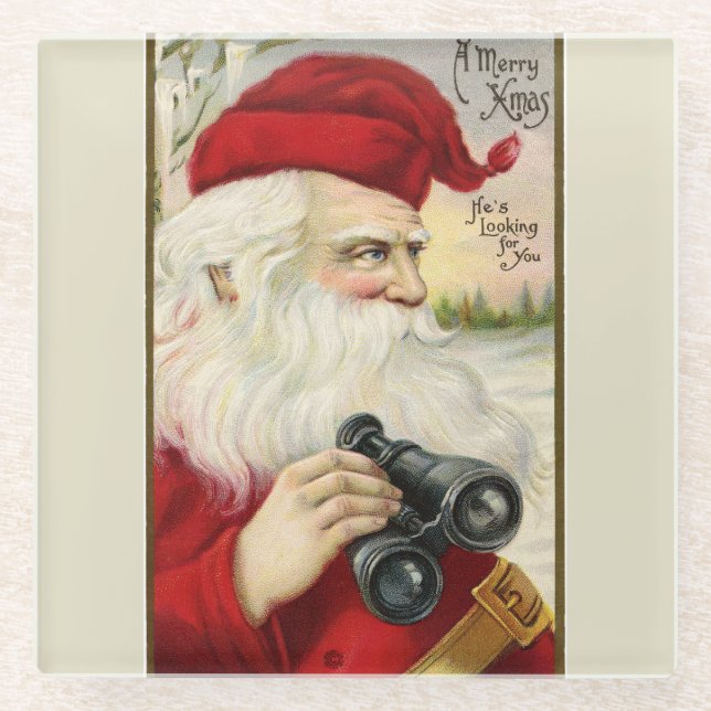 Vintag Santa Holding Binoculars Glasuntersetzer (Vorderseite)