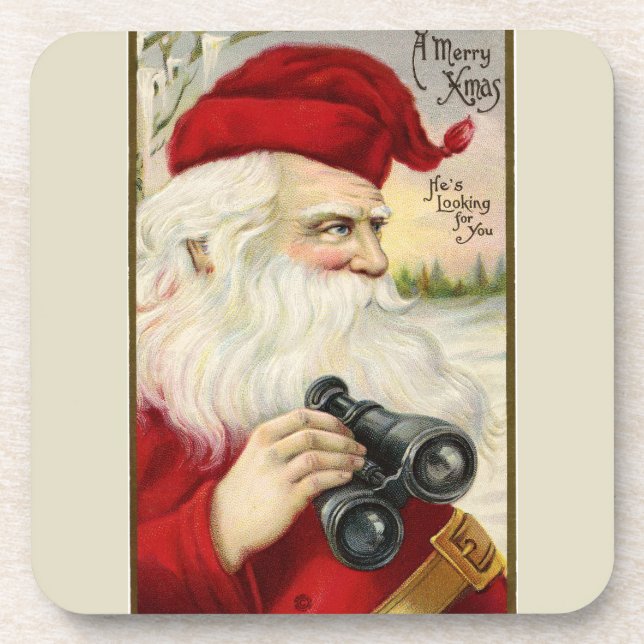 Vintag Santa Holding Binoculars Untersetzer (Vorderseite)