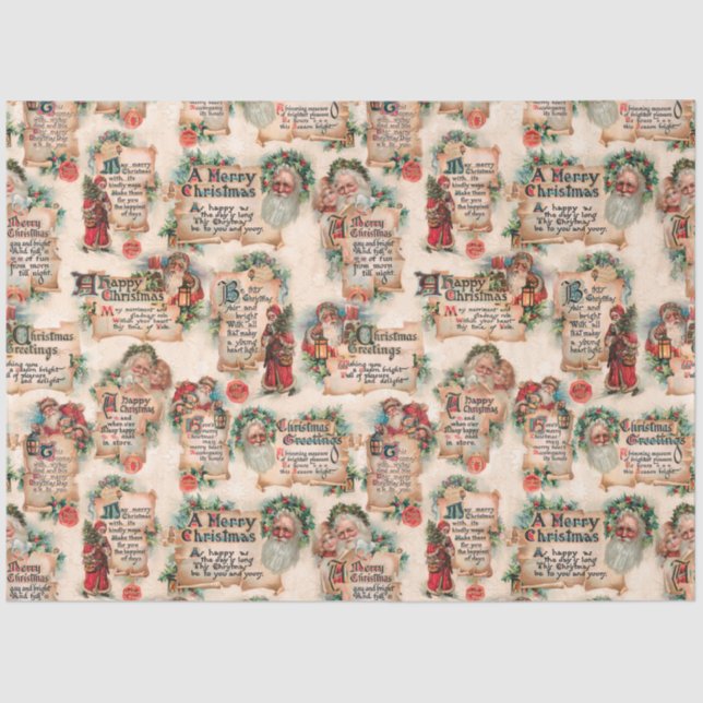 Vintag Santas mit Weihnachtsgrüßen & Holly Seidenpapier (Vorderseite)